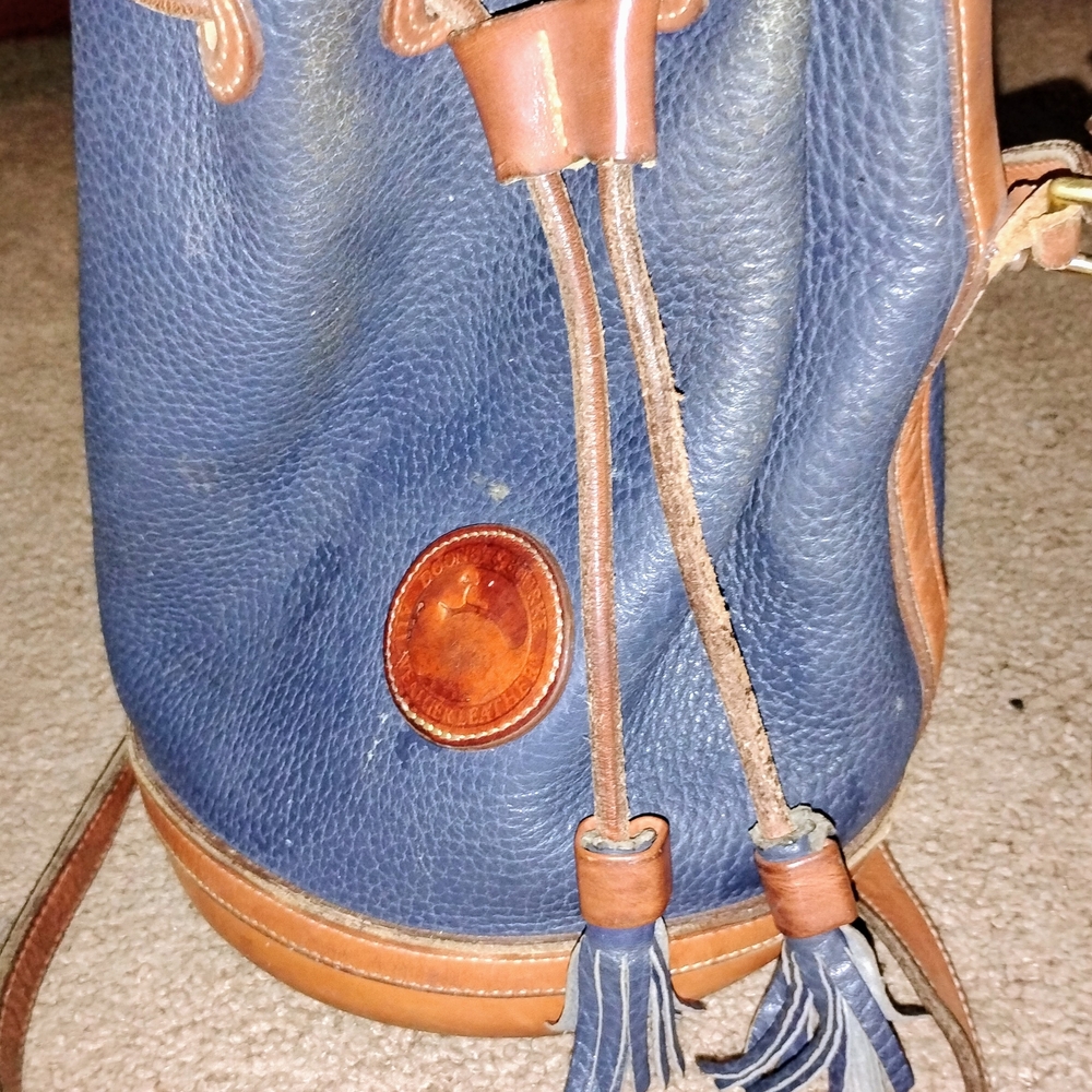 Dooney & Bourke Navy Leather Drawstring Bucket Bag with Tan Trim